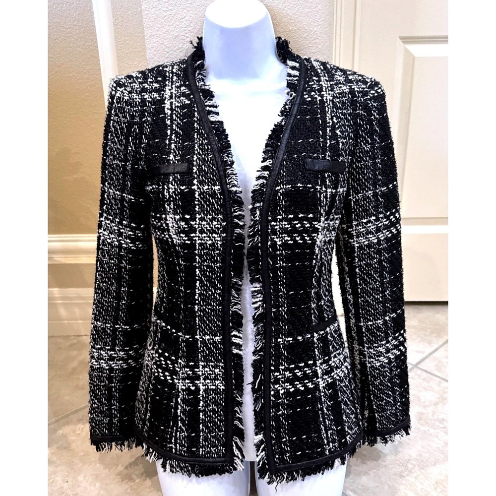 Boston Proper Black White Plaid Tweed Fringe Open Front Jacket Size 2 4501313467